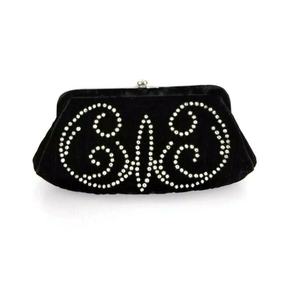 Vintage 50s Magid Black Velvet Rhinestone Embellished CD Kiss Lock Clutch Purse